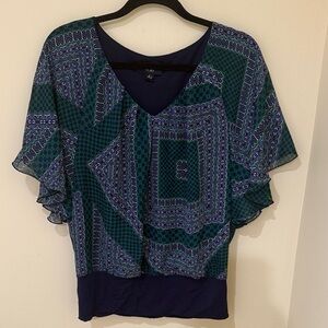AGB Navy and Green Women’s Sheer Top  | Fully lined Blouse Size S